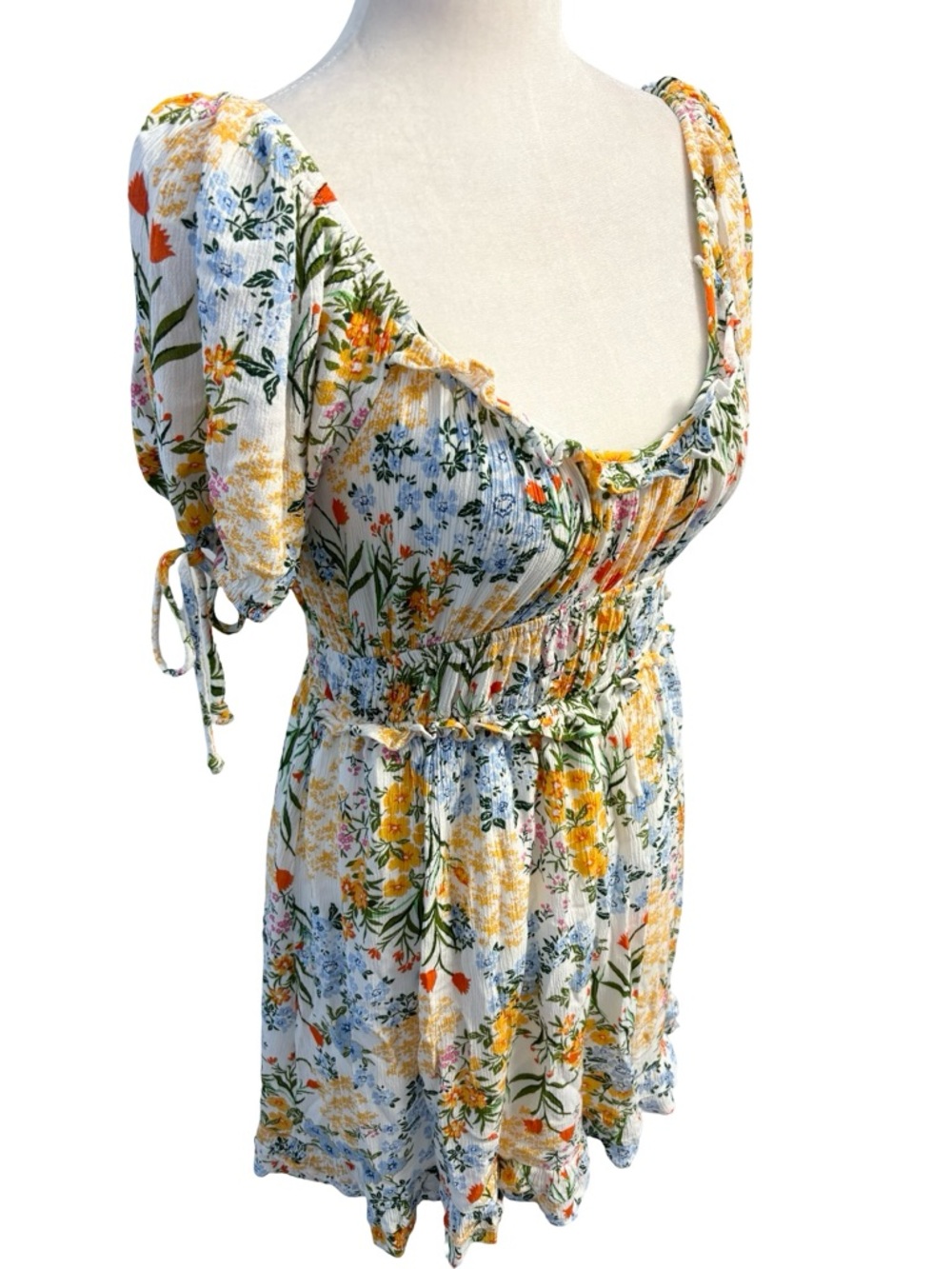Liberty Love White & Yellow Multicoloured Floral Mini Dress Size L Summer Ready - Picture 3 of 13